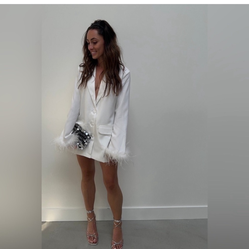 12th Tribe White Feather Trim Blazer Dress